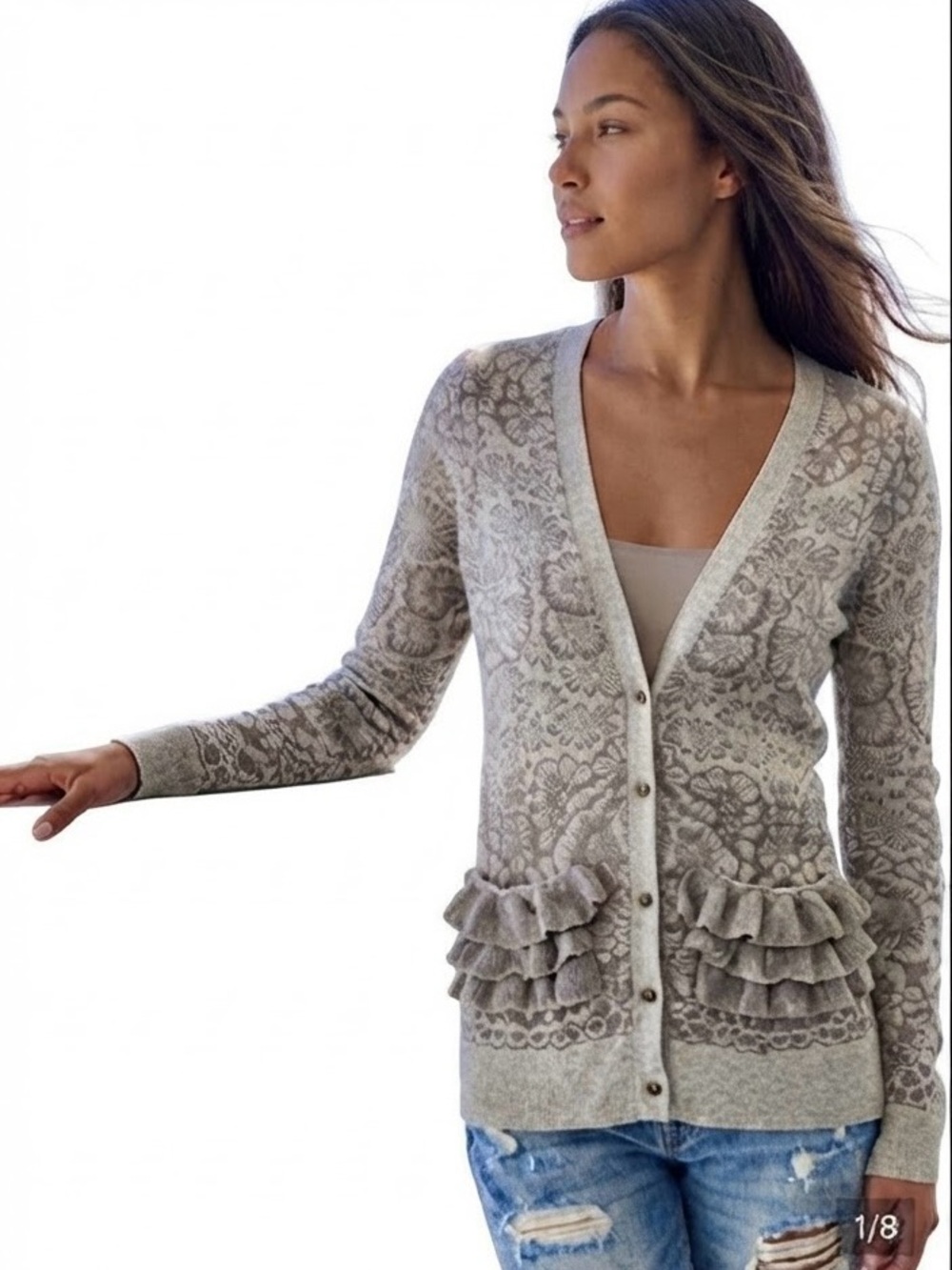 Leifsdottir Gray Floral Cardigan with Ruffle pockets